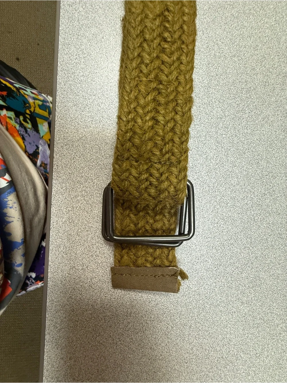 Vintage 1980s 100% Jute Woven Belt Olive Brown Double Ring Buckle 49”